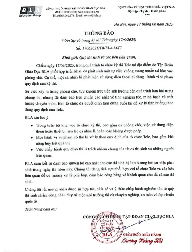 Thông báo về sự cố thi Telc ngày 17.06.2025